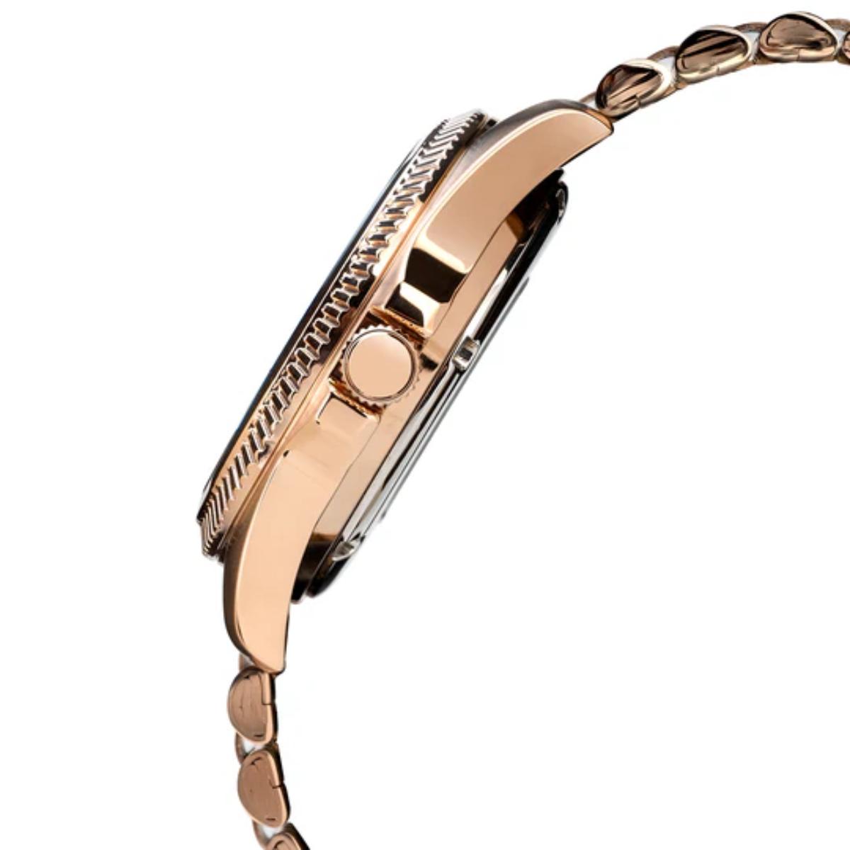Rose gold watch with detailed case and band on a white background