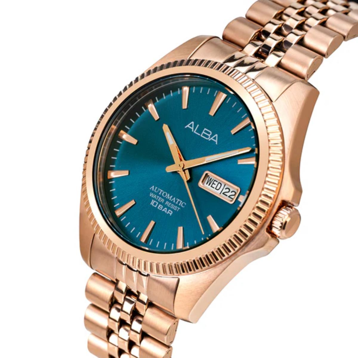Rose gold watch with blue dial on a white background