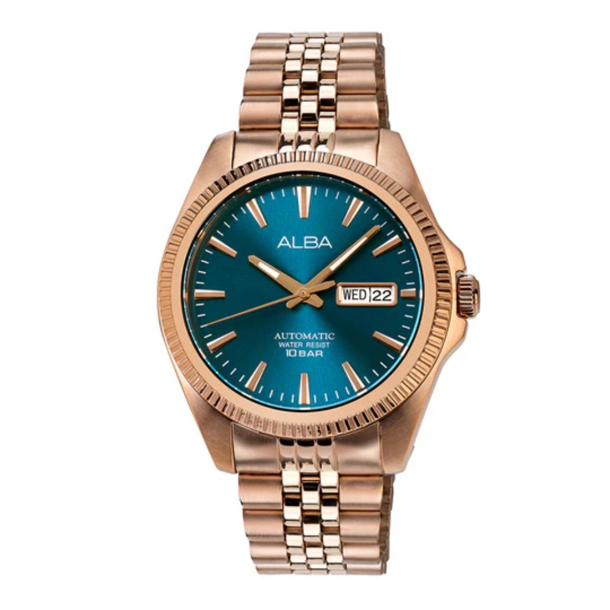 Rose gold watch with blue dial on a white background