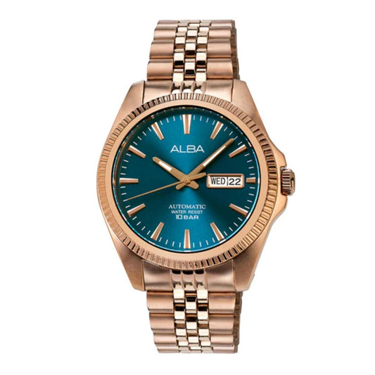Rose gold watch with blue dial on a white background