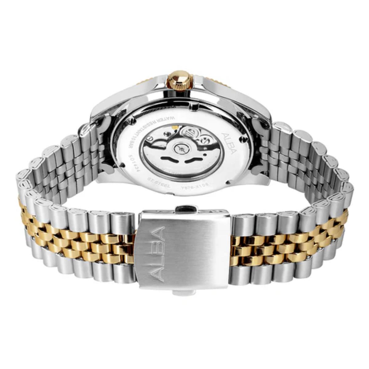 Close-up of a silver and gold watch with brand name on a white background