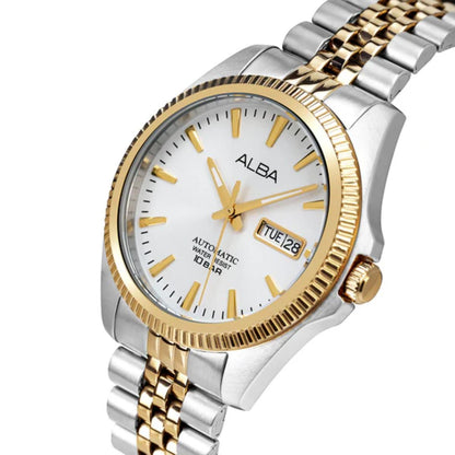 Two-tone silver and gold watch with white face on a white background