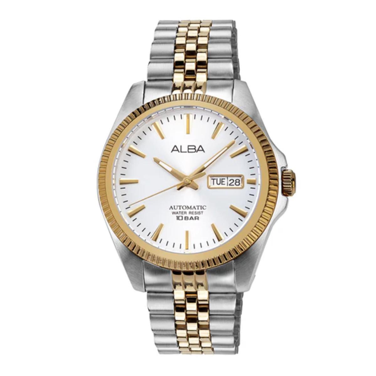 Two-tone silver and gold watch with white face on a white background