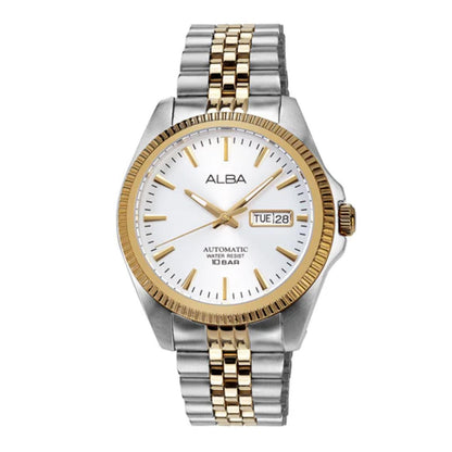 Two-tone silver and gold watch with white face on a white background