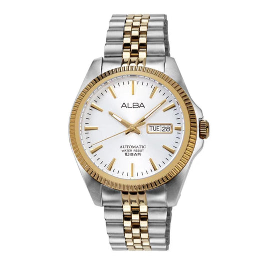Two-tone silver and gold watch with white face on a white background
