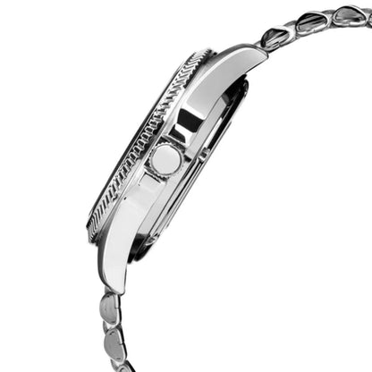 Silver watch with detailed band design on a white background