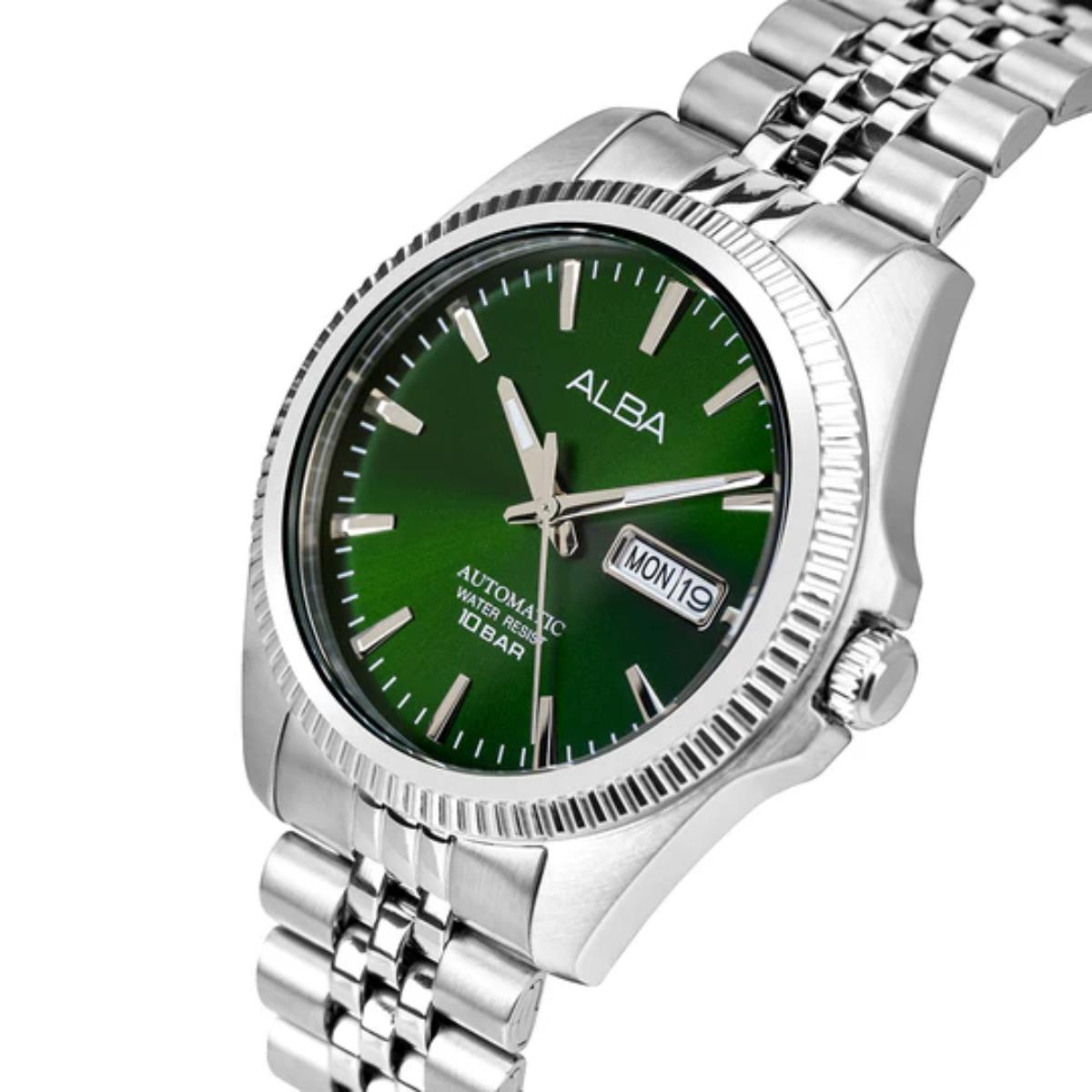 Silver watch with green dial and 'Alba' branding on a white background