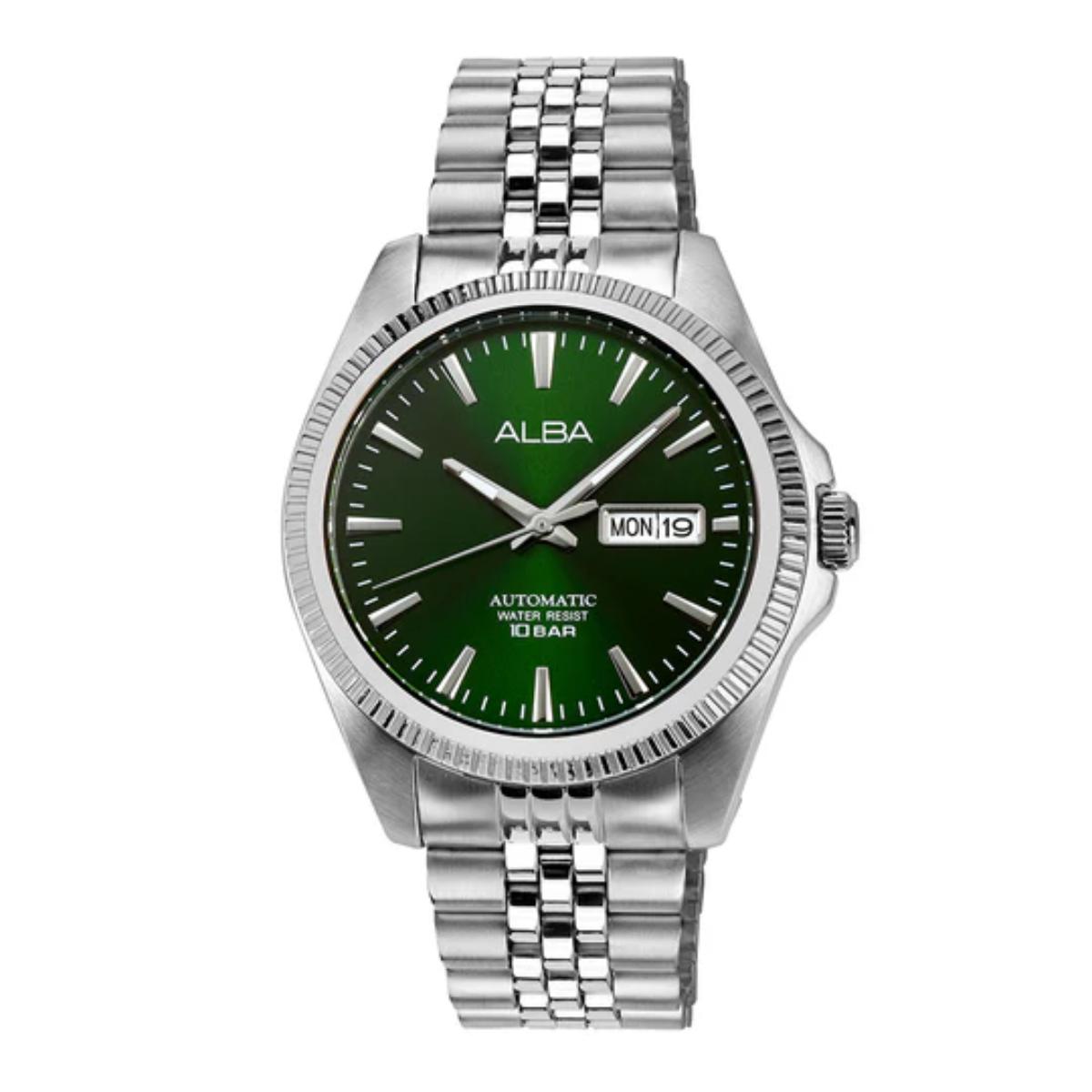Silver watch with green dial on a white background
