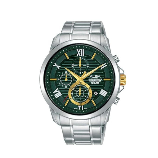 Silver watch with green dial and gold accents on a white background