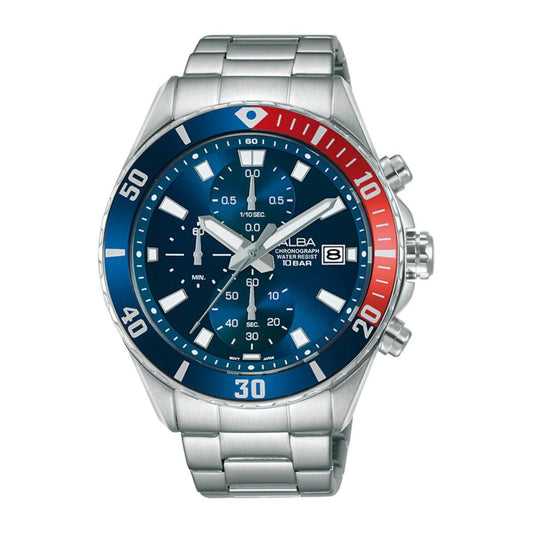 Wristwatch with blue dial and red accents on a white background