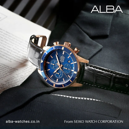 ALBA Blue Patterned Dial Chronograph In Leather Strap Men's Watch AM3960X1