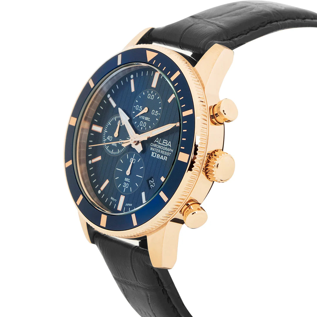 ALBA Blue Patterned Dial Chronograph In Leather Strap Men's Watch AM3960X1