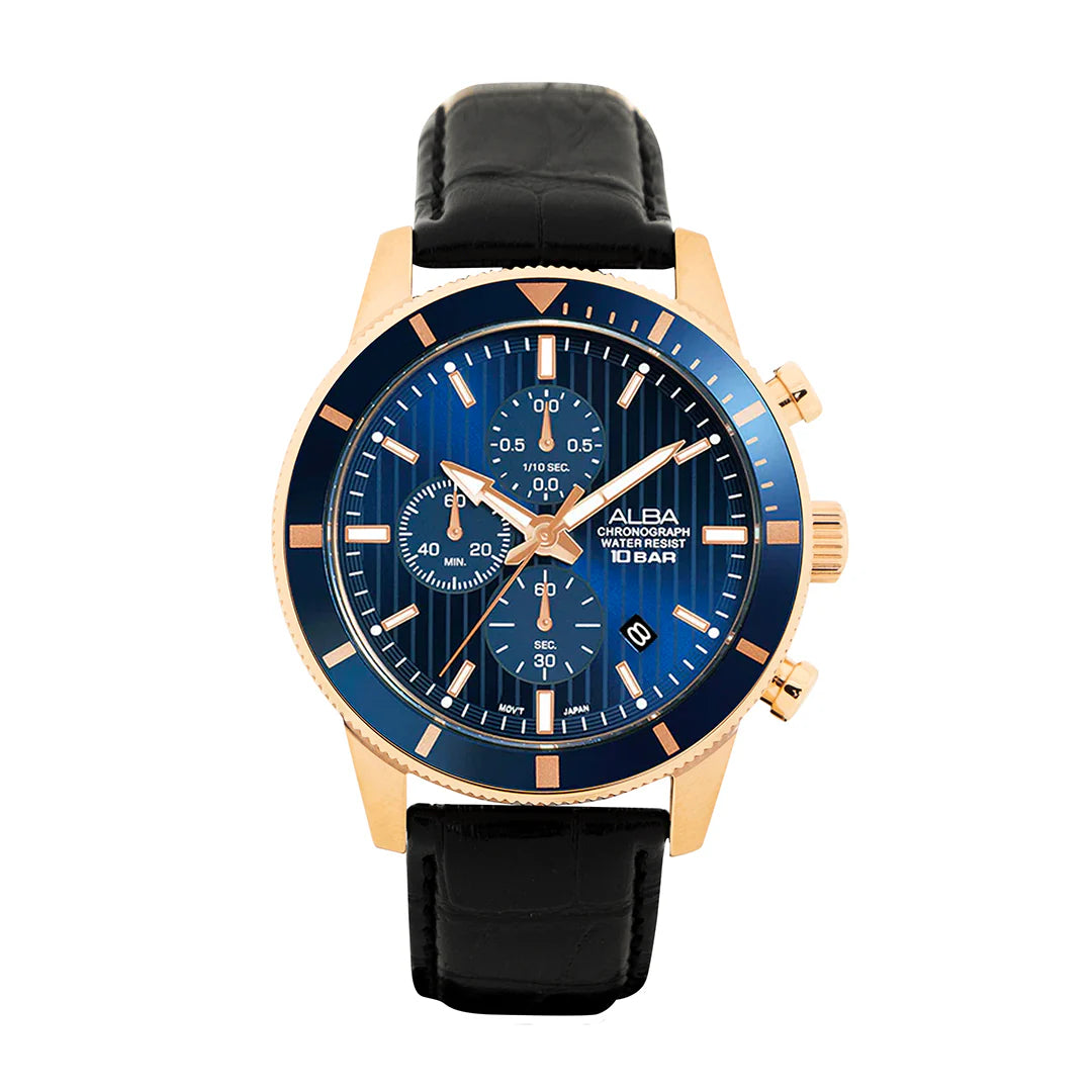 ALBA Blue Patterned Dial Chronograph In Leather Strap Men's Watch AM3960X1