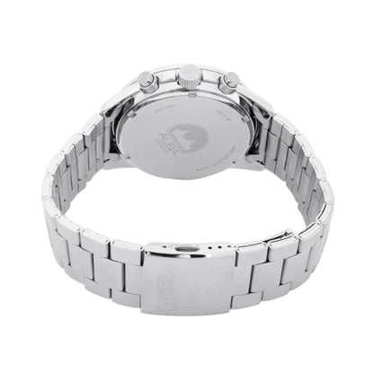 Silver watch with metal band on a white background
