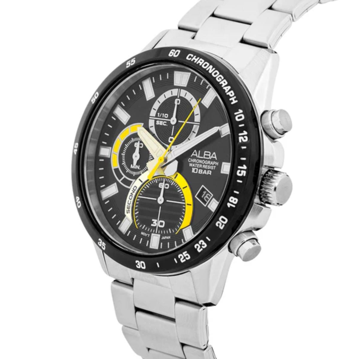 Wristwatch with a silver metal strap and black dial featuring yellow accents.