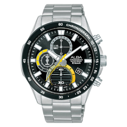 Silver watch with black and yellow face on a white background