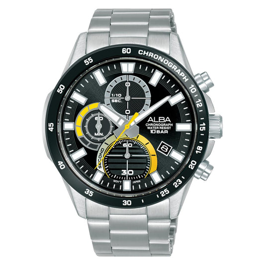 Silver watch with black and yellow face on a white background