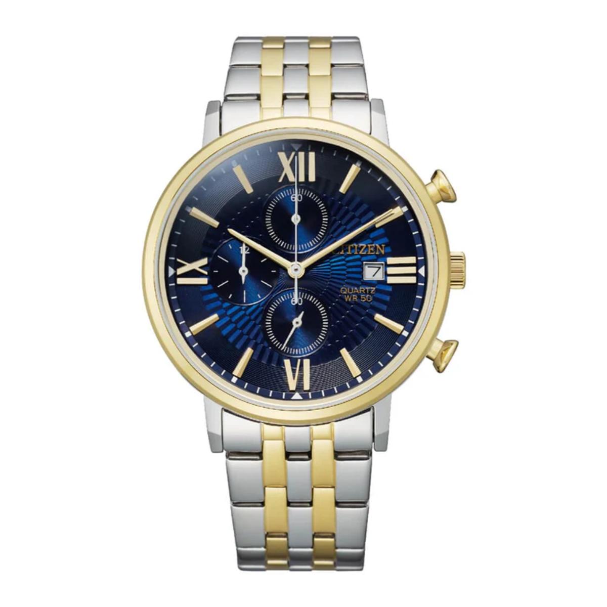 Two-tone watch with blue face and Citizen branding on a white background