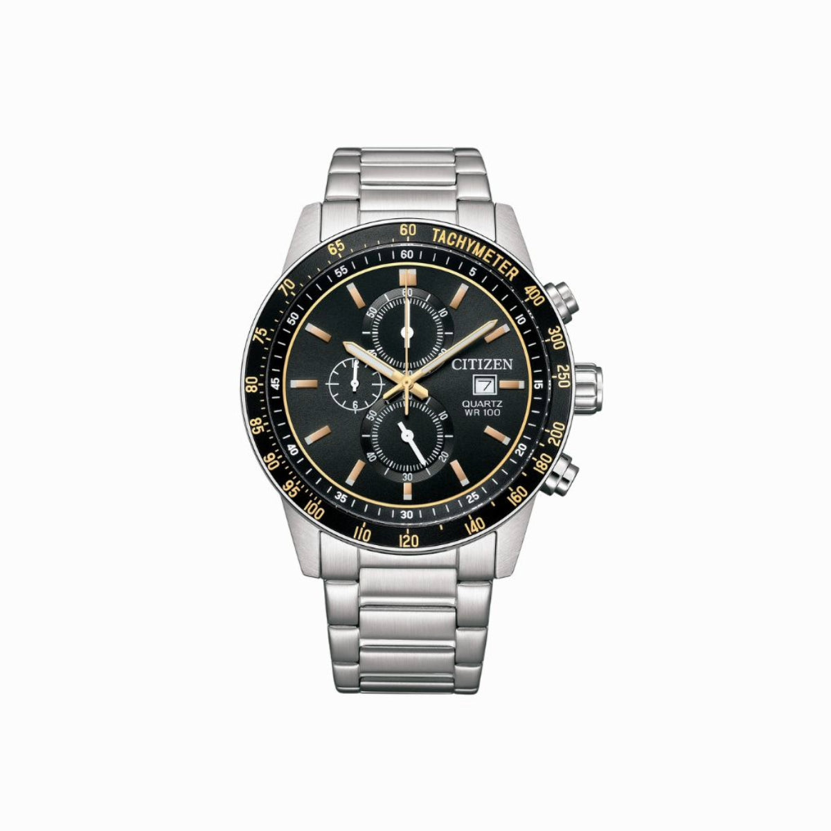 Citizen watch with black face and silver metal strap on a white background