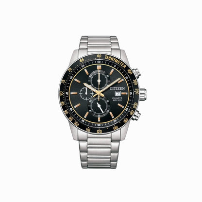 Citizen watch with black face and silver metal strap on a white background