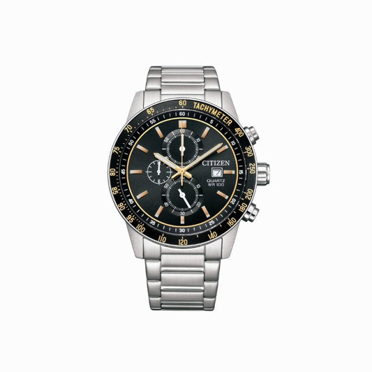 Citizen watch with black face and silver metal strap on a white background