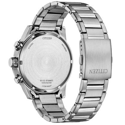 Silver Citizen watch with metal band on a white background