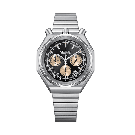 Silver watch with a black face on a white background