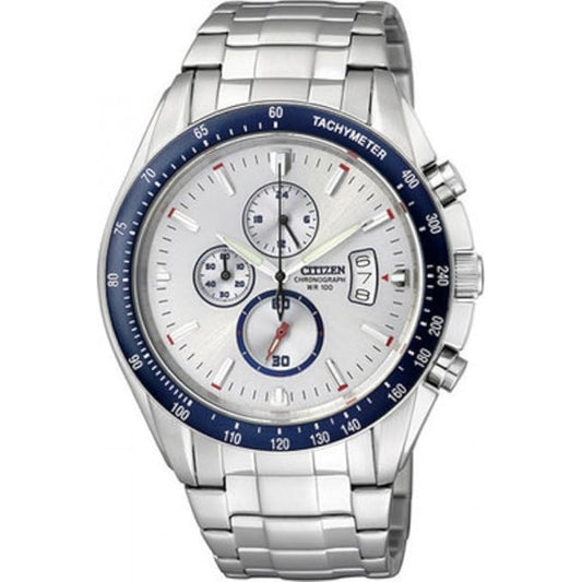 Silver and blue watch with a white face on a white background