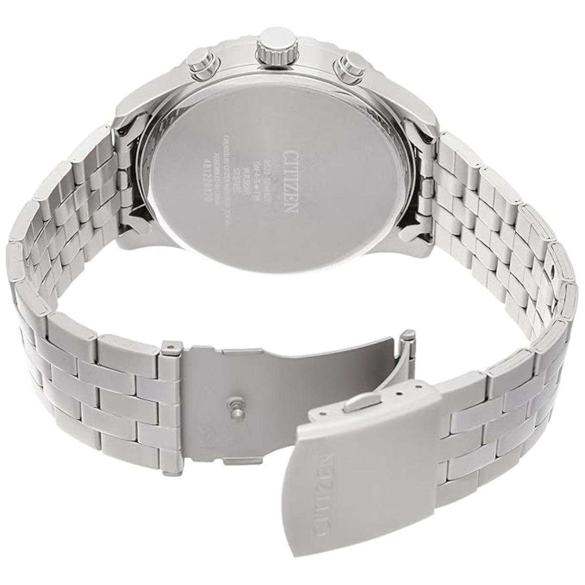 Silver Citizen watch with metal band on a white background