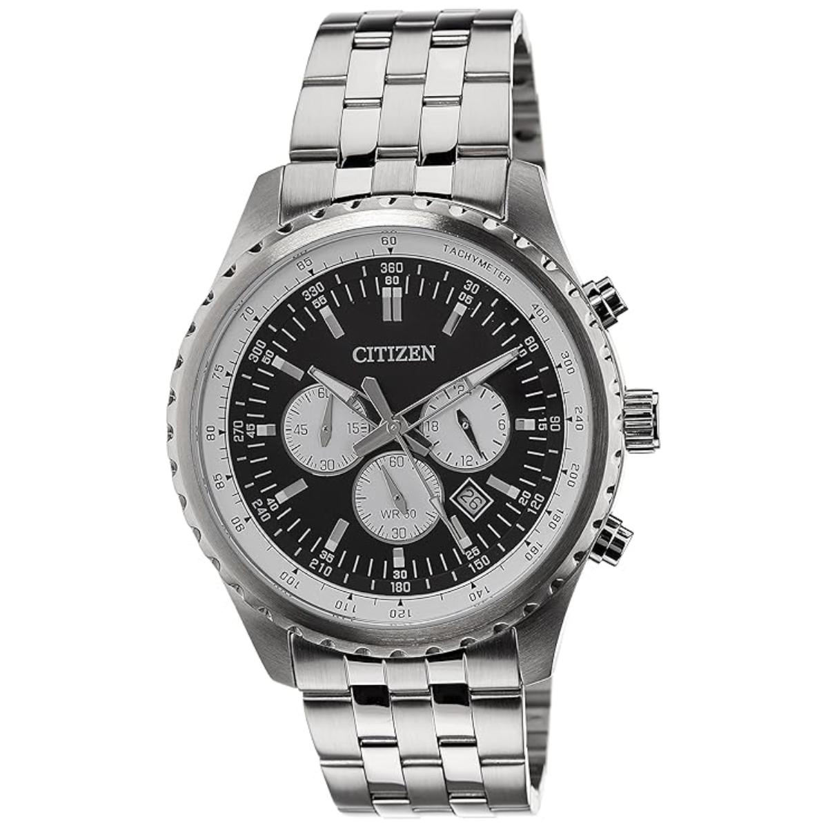 Silver Citizen watch with a black dial on a white background