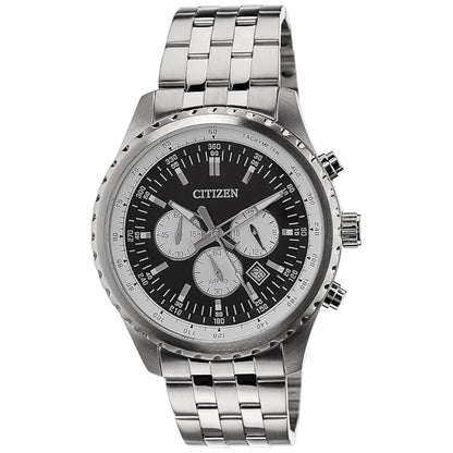 Silver Citizen watch with a black dial on a white background