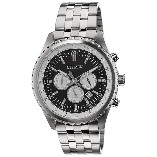 Silver Citizen watch with a black dial on a white background