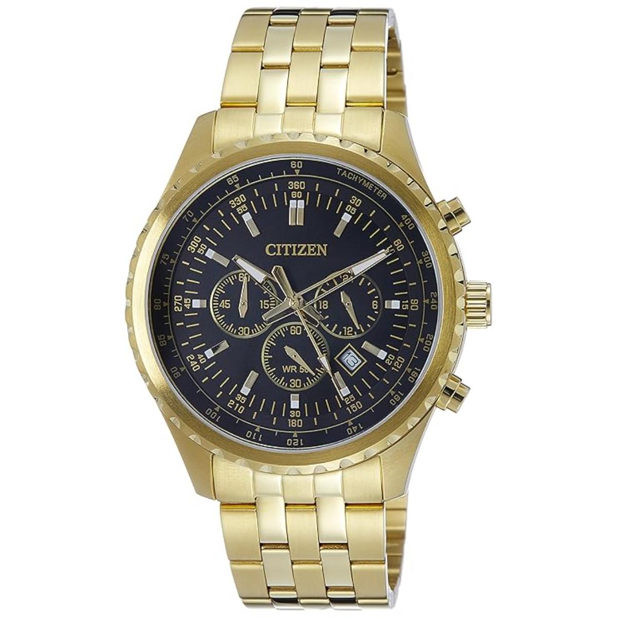 Gold wristwatch with a black dial on a white background
