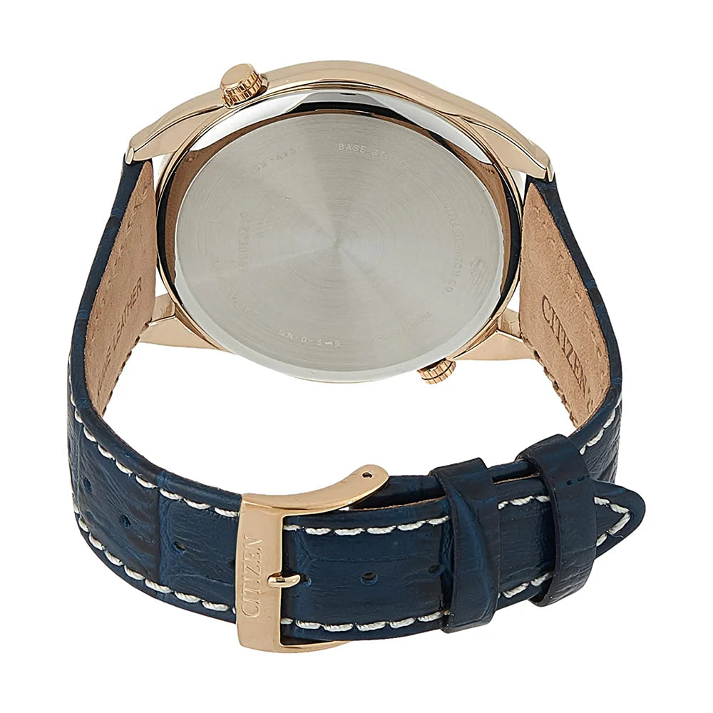 Watch with blue strap and rose gold case on a white background