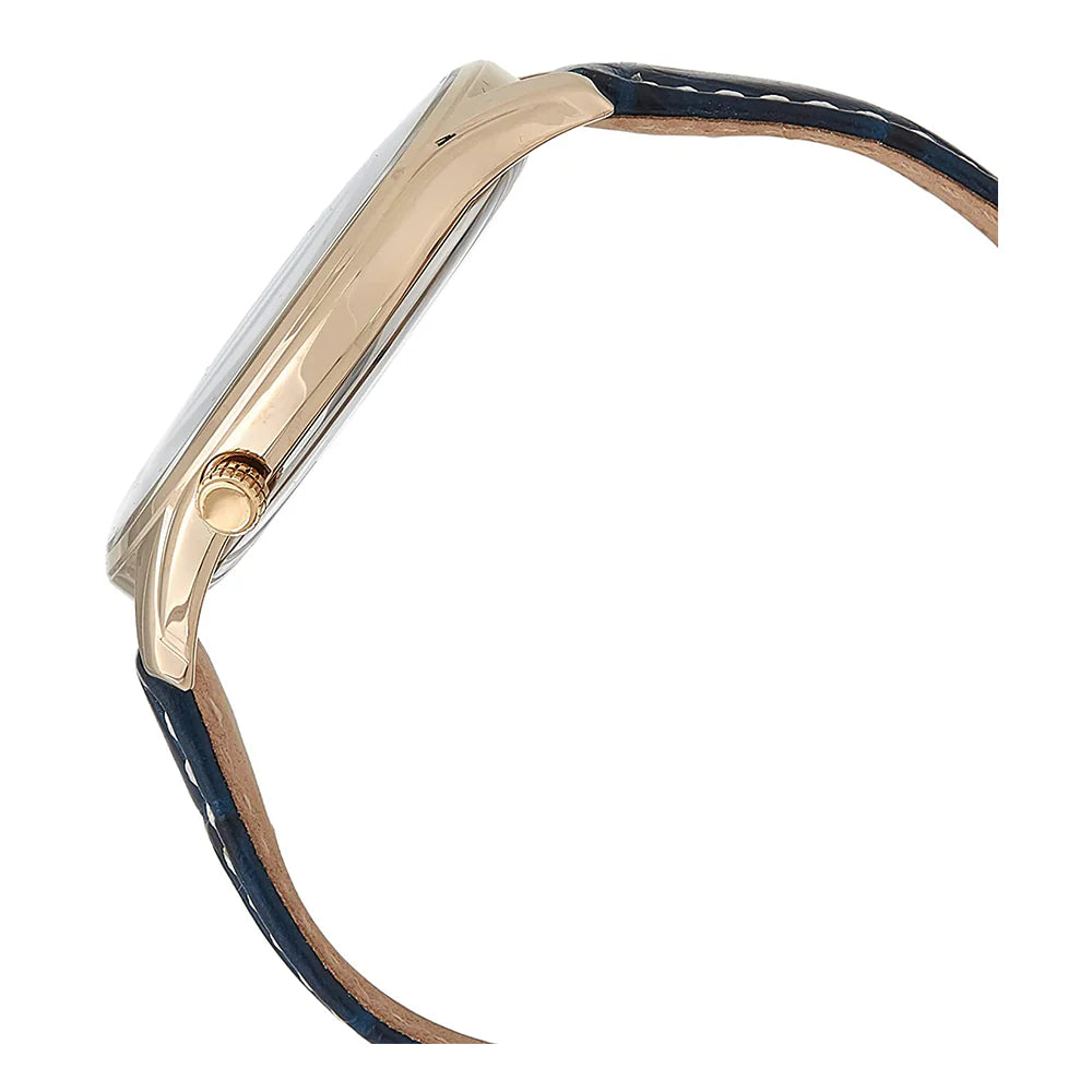 Close-up of a watch with gold frame and blue band on a white background