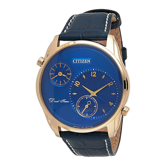 Citizen watch with blue face and black strap on a white background
