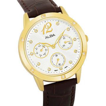 ALBA White Ripple Dial with Brown Leather Strap Ladies Watch AP6718X1
