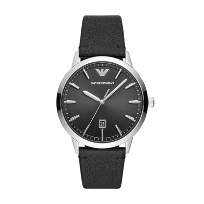 Black Emporio Armani watch with a black leather strap on a white background