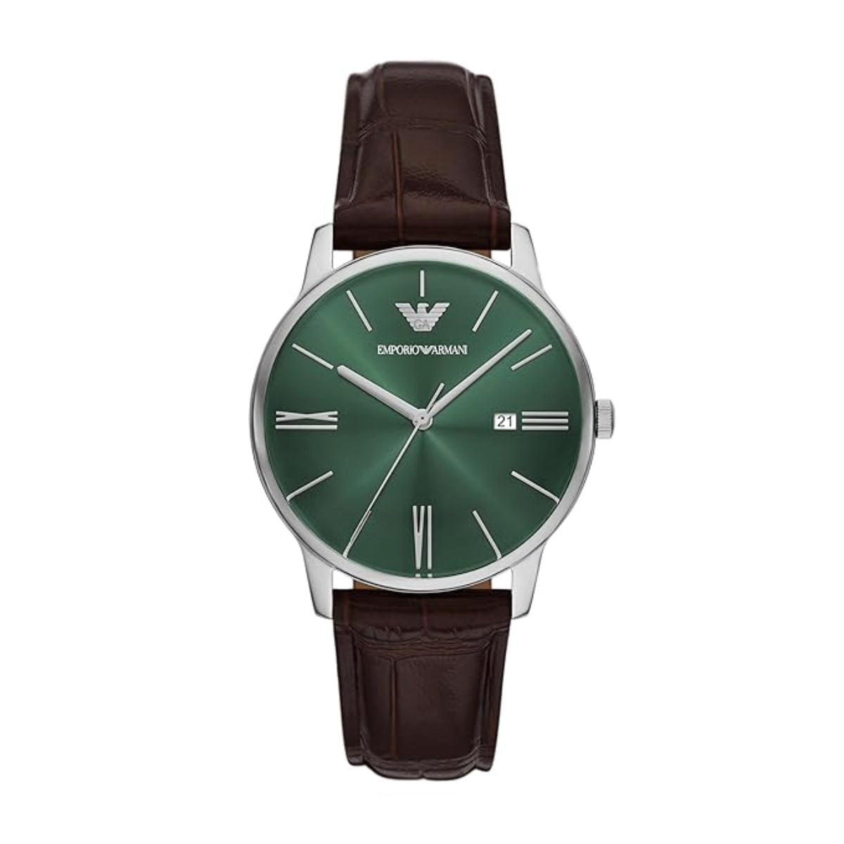 Emporio Armani watch with green dial and brown leather strap on a white background