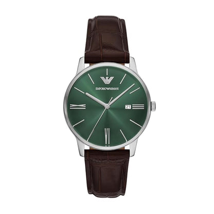 Emporio Armani watch with green dial and brown leather strap on a white background