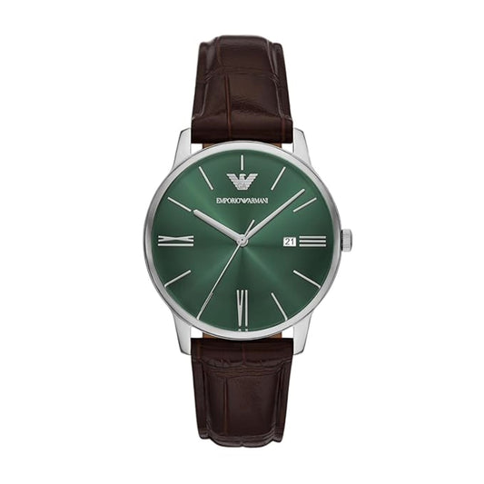 Emporio Armani watch with green dial and brown leather strap on a white background