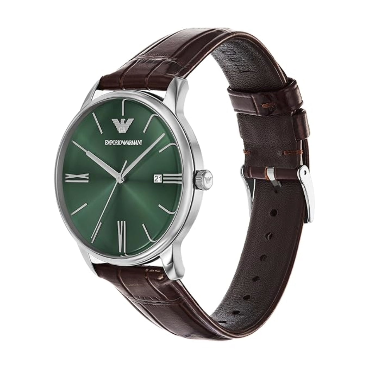 Watch with green dial and brown leather strap on a white background
