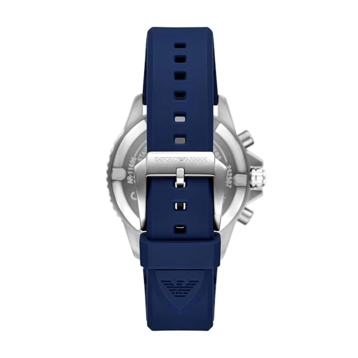 Watch with blue strap and silver case on a white background