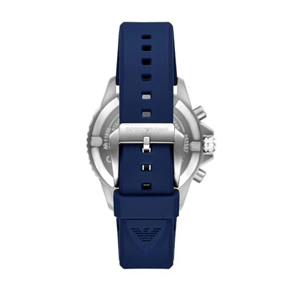 Watch with blue strap and silver case on a white background