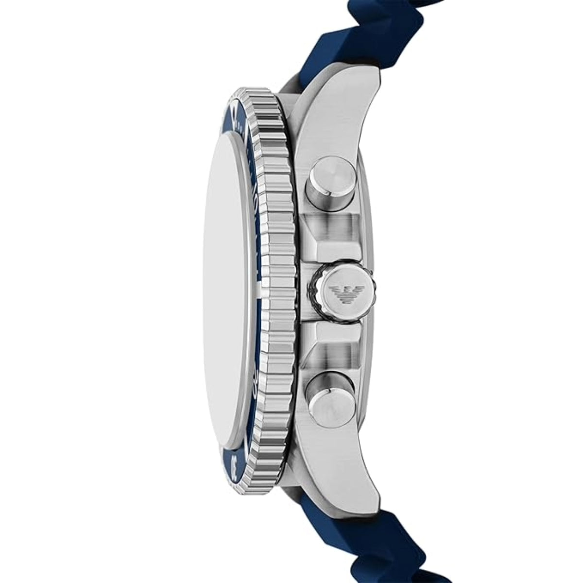 Close-up of a watch with a blue strap and silver case on a white background