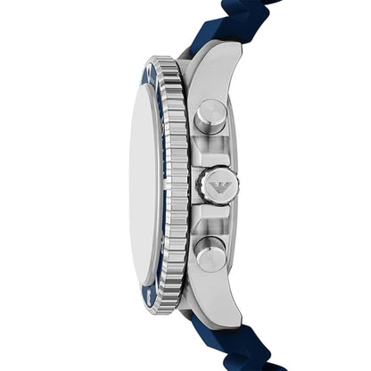 Close-up of a watch with a blue strap and silver case on a white background