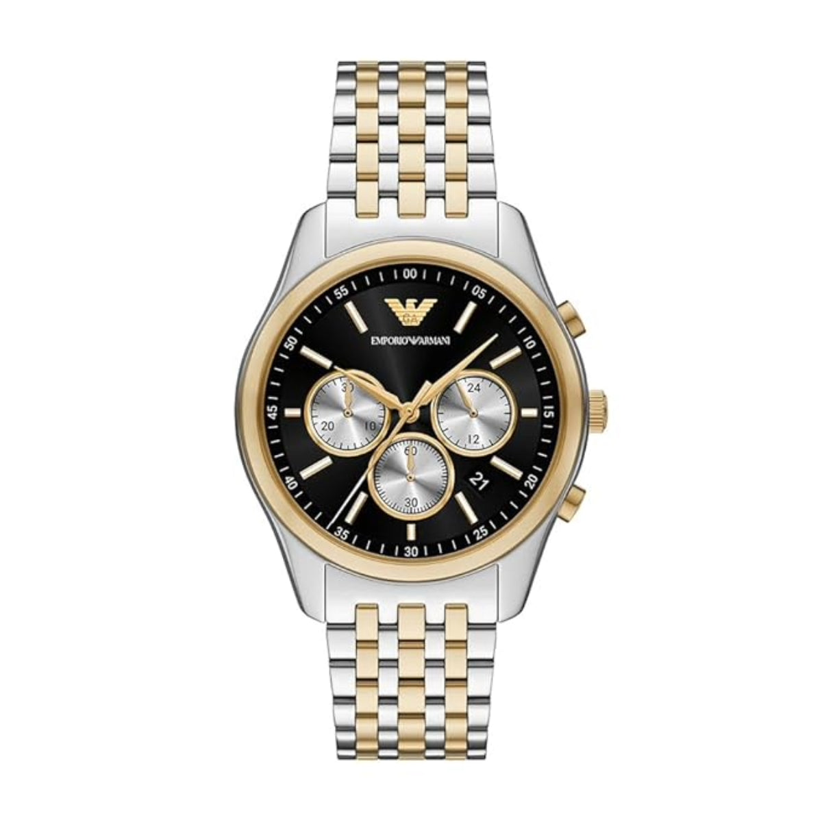 Two-tone watch with black face and brand logo on a white background