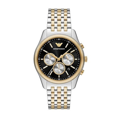 Two-tone watch with black face and brand logo on a white background