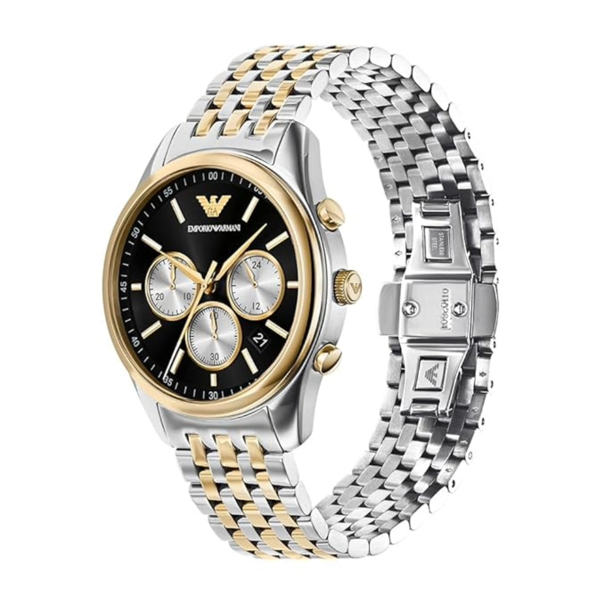 Two-tone watch with black dial and brand logo on a white background