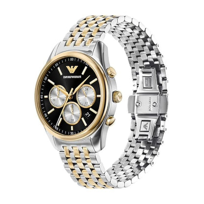 Two-tone watch with black dial and brand logo on a white background